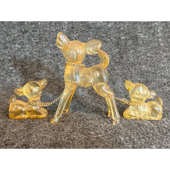 VTG Doe Fawns Big Ear Deer Figurines Yellow chains Lucite Hong Kong Christmas - Picture 5 of 9